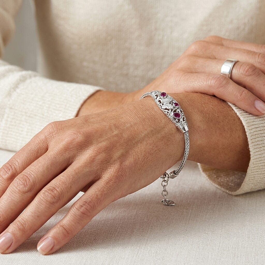 Royal Bali Collection - D'Joy Fissure Filled Ruby Sterling Silver Bracelet (Size - 8), Silver Wt. 12.30 Gms