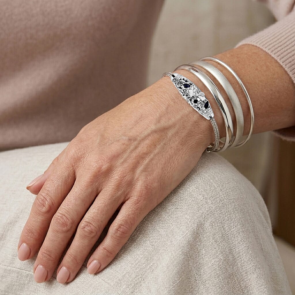 Royal Bali Collection - D'Joy Blue Sapphire Sterling Silver Bracelet (Size - 8), Silver Wt.12.35 Gms