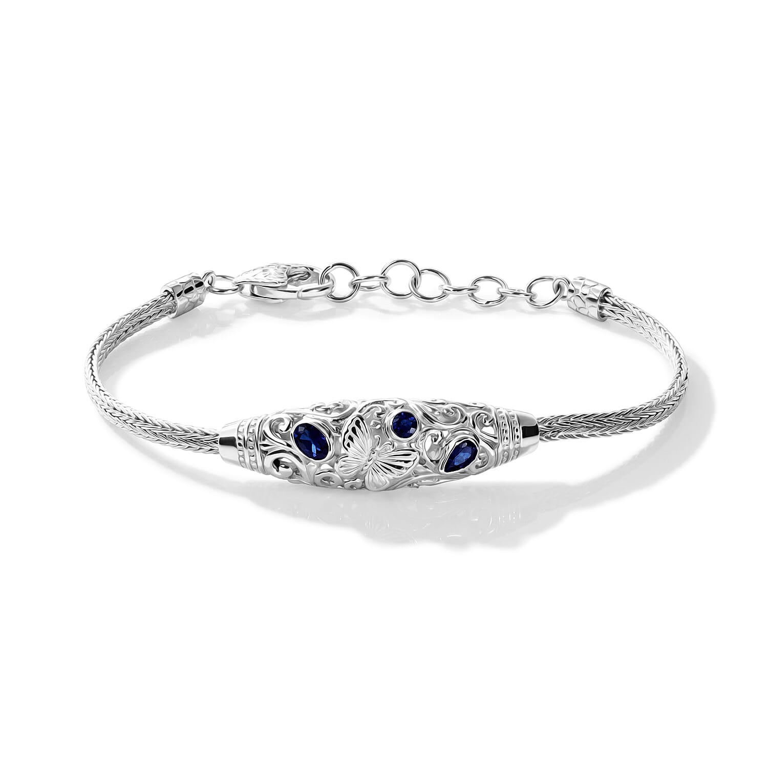 Royal Bali Collection - D'Joy Blue Sapphire Sterling Silver Bracelet (Size - 8), Silver Wt.12.35 Gms