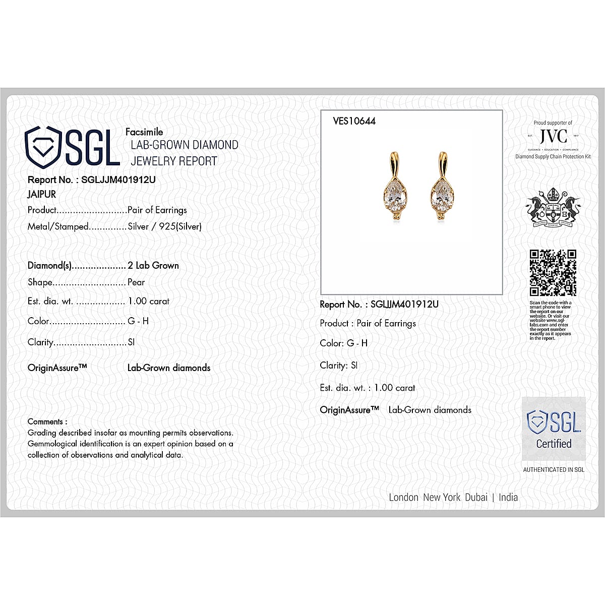 Lucy Q - SGL Certified Lab Grown Diamond (SI-G-H) Solitaire Stud Push Post Drop Earrings in 18K Gold Vermeil Sterling Silver 1.00 Ct.