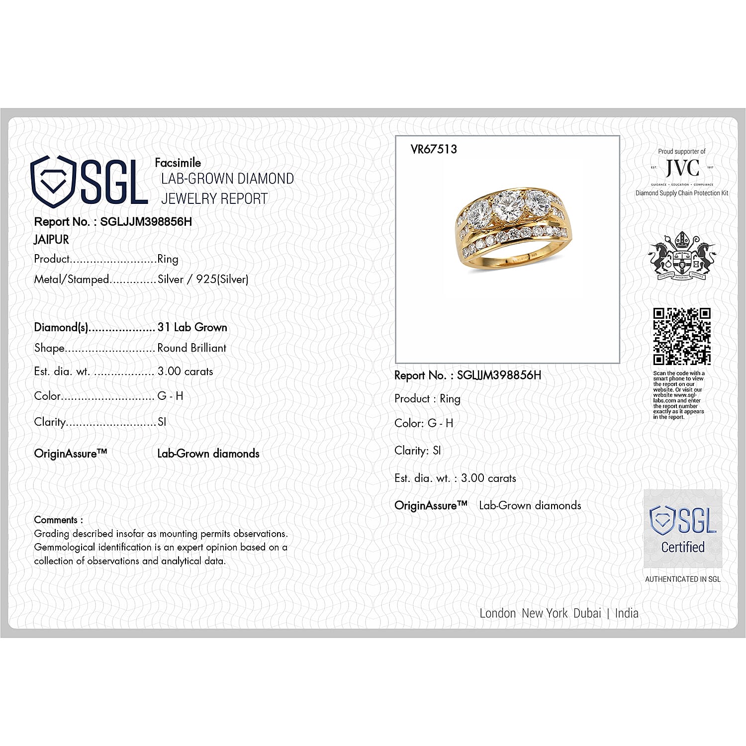 Luxuriant - SGL Certified Lab Grown Diamond (SI-G-H) Ring in 18K Vermeil Yellow Gold Plated Sterling Silver 3.00 Ct.