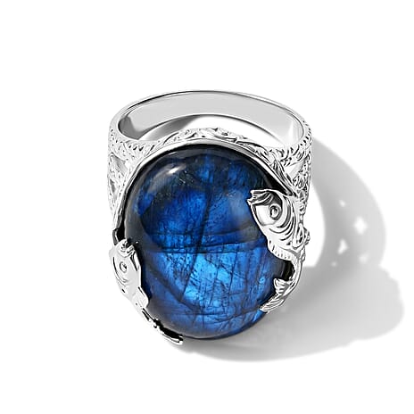 Royal Bali Collection - D'Joy Labradorite Sterling Silver Solitaire Fish Motif Ring 20.10 Ct.
