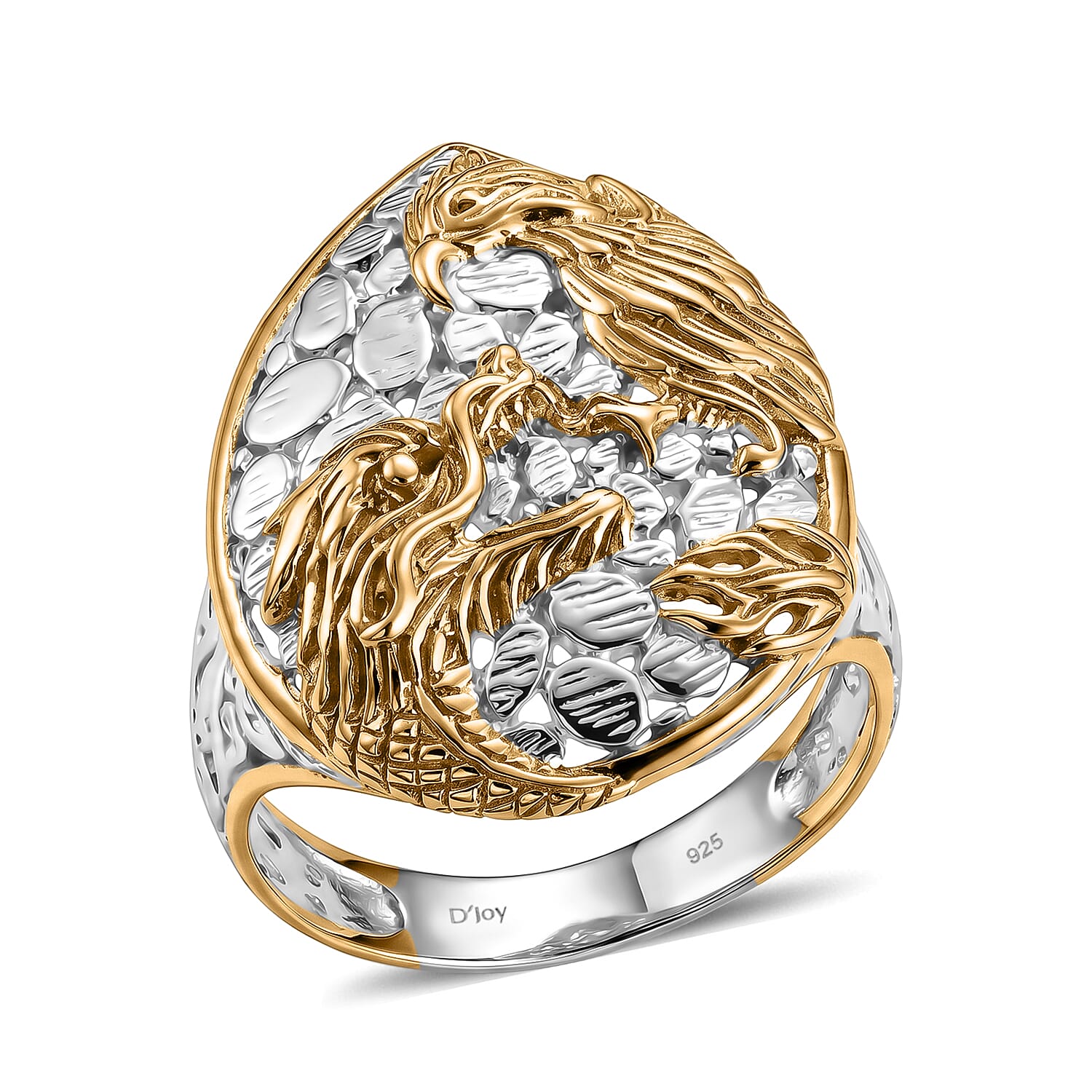 Royal Bali Collection - D'Joy Sterling Silver Dragon with Phoenix Ring in Yellow Plating