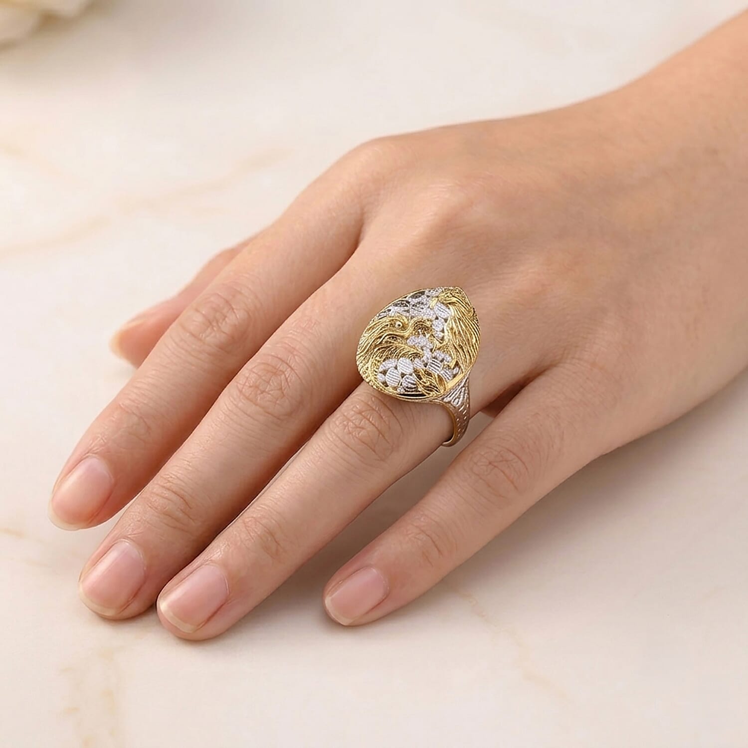 Royal Bali Collection - D'Joy Sterling Silver Dragon with Phoenix Ring in Yellow Plating