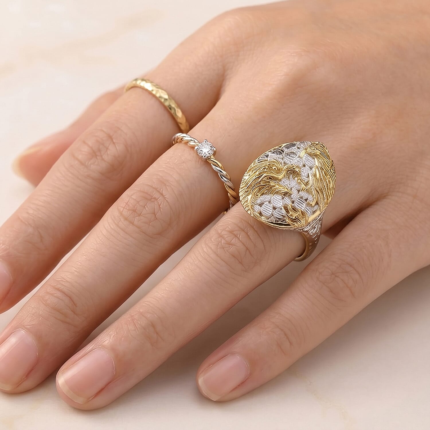 Royal Bali Collection - D'Joy Sterling Silver Dragon with Phoenix Ring in Yellow Plating