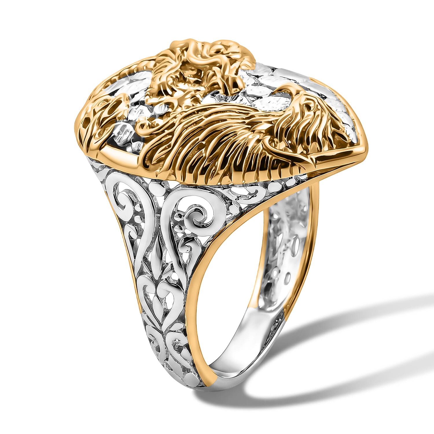 Royal Bali Collection - D'Joy Sterling Silver Dragon with Phoenix Ring in Yellow Plating