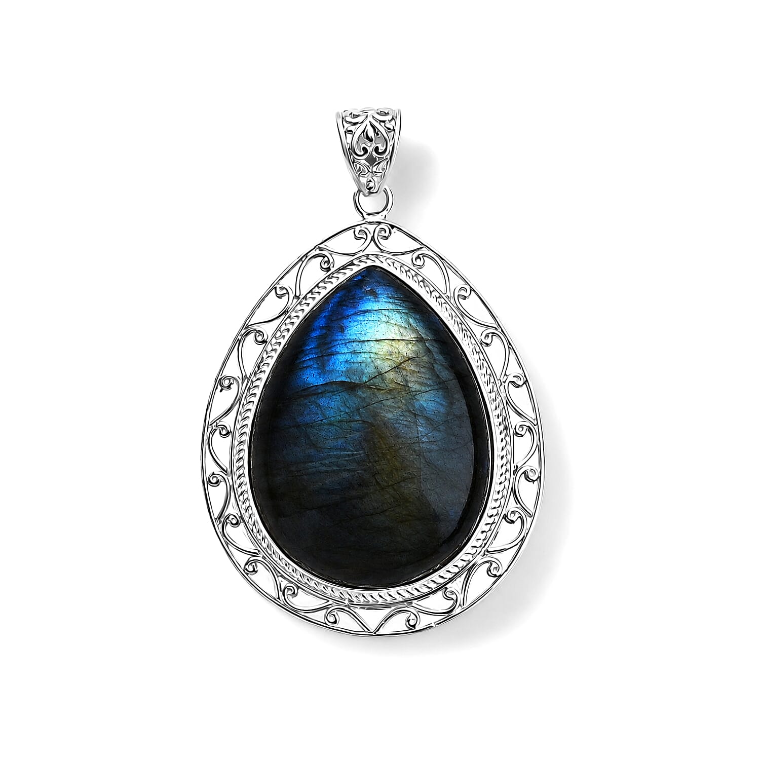 Royal Bali Collection - D'Joy Labradorite Sterling Silver Pear Cut Solitaire Pendant 88.40 Ct, Silver Wt. 12.00 Gms