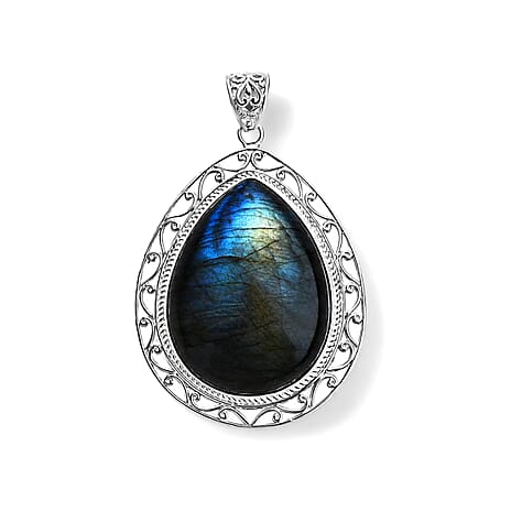 Royal Bali Collection - D'Joy Labradorite Sterling Silver Pear Cut Solitaire Pendant 88.40 Ct, Silver Wt. 12.00 Gms