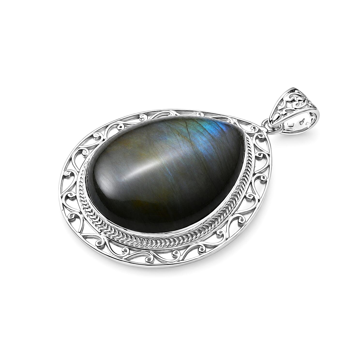 Royal Bali Collection - D'Joy Labradorite Sterling Silver Pear Cut Solitaire Pendant 88.40 Ct, Silver Wt. 12.00 Gms