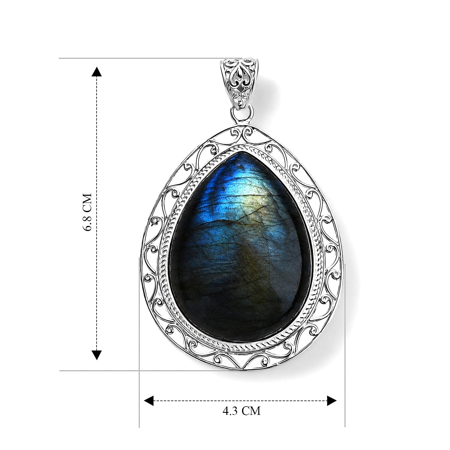 Royal Bali Collection - D'Joy Labradorite Sterling Silver Pear Cut Solitaire Pendant 88.40 Ct, Silver Wt. 12.00 Gms