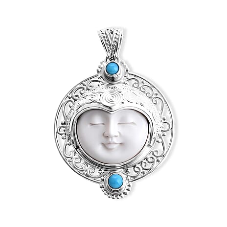 Royal Bali Collection - D'Joy Ox Bone & Sleeping Beauty Turquoise Sterling Silver Moonface Pendant 12.28 Ct, Silver Wt. 12.00 Gms
