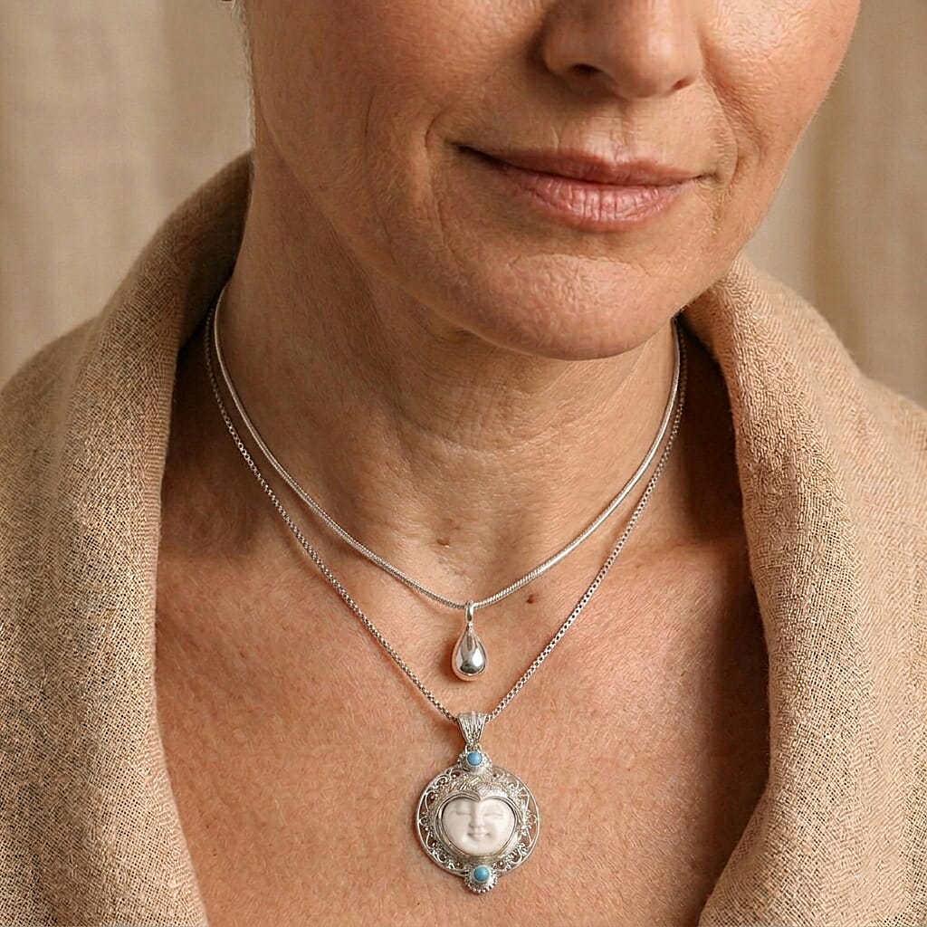 Royal Bali Collection - D'Joy Ox Bone & Sleeping Beauty Turquoise Sterling Silver Moonface Pendant 12.28 Ct, Silver Wt. 12.00 Gms