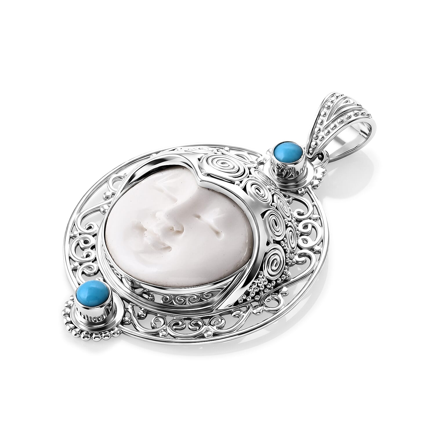 Royal Bali Collection - D'Joy Ox Bone & Sleeping Beauty Turquoise Sterling Silver Moonface Pendant 12.28 Ct, Silver Wt. 12.00 Gms