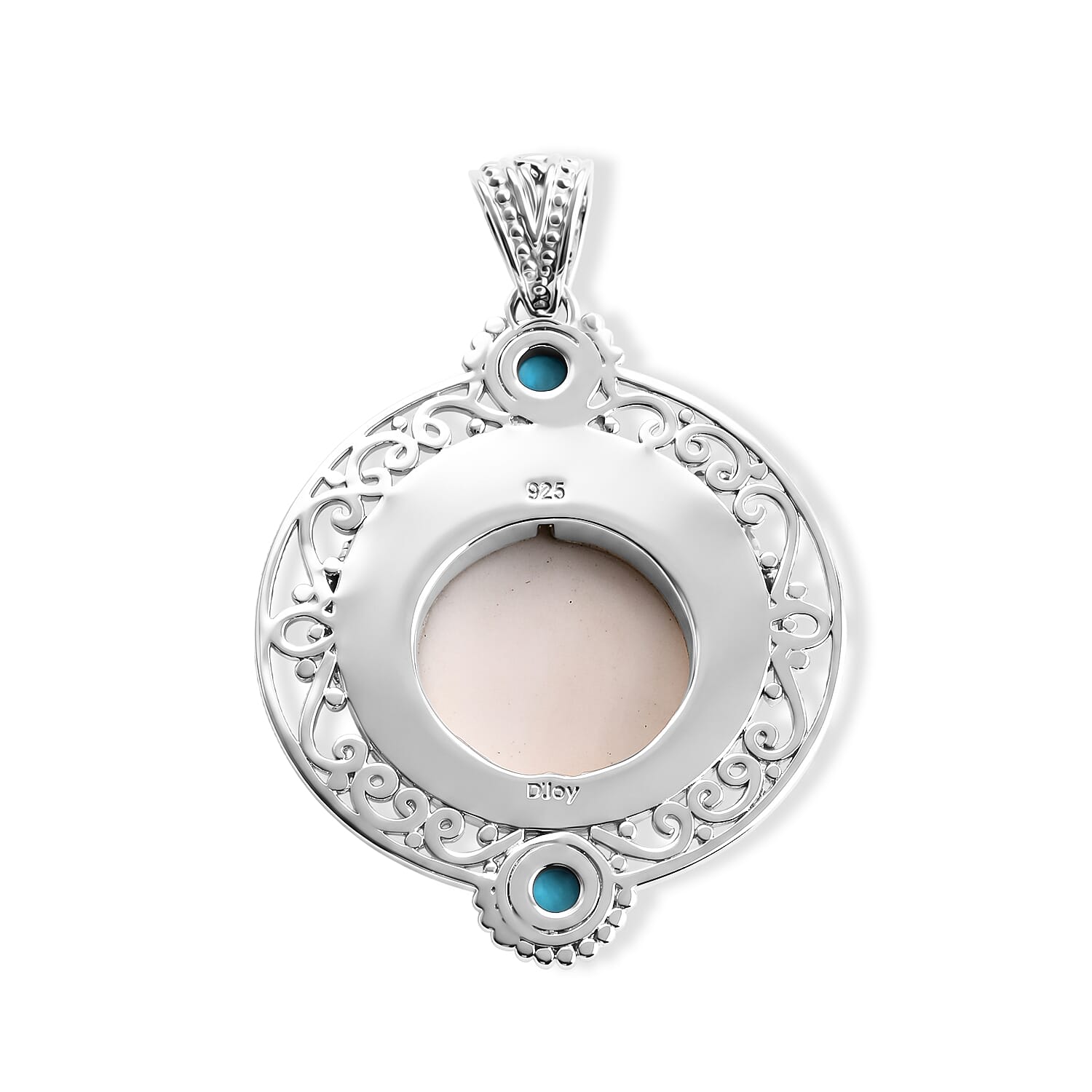 Royal Bali Collection - D'Joy Ox Bone & Sleeping Beauty Turquoise Sterling Silver Moonface Pendant 12.28 Ct, Silver Wt. 12.00 Gms