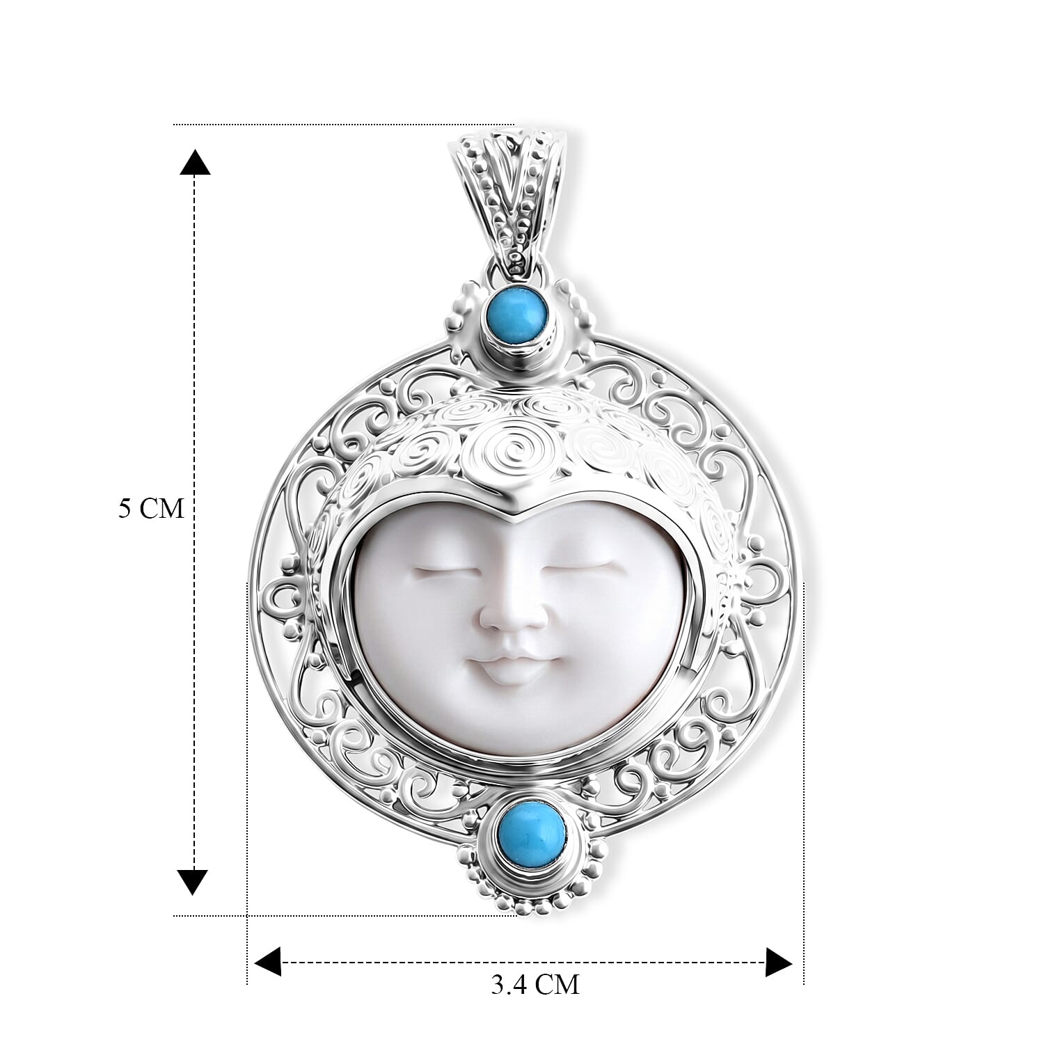 Royal Bali Collection - D'Joy Ox Bone & Sleeping Beauty Turquoise Sterling Silver Moonface Pendant 12.28 Ct, Silver Wt. 12.00 Gms