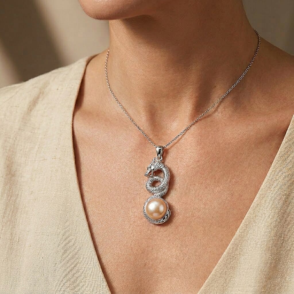 Royal Bali Collection - D'Joy White Mabe Pearl Sterling Silver Dragon Drop Pendant 6.80 Ct.