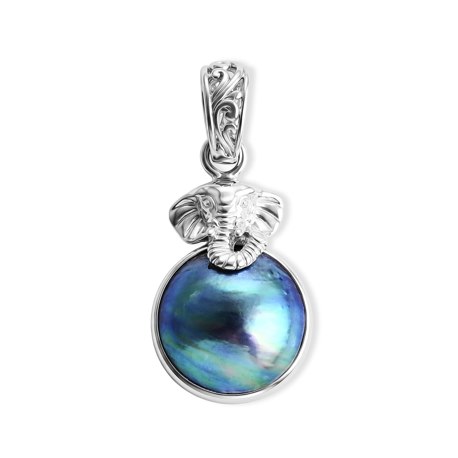 Royal Bali Collection - D'Joy Blue Mabe Pearl Sterling Silver Elephant Head Drop Pendant 6.38 Ct.