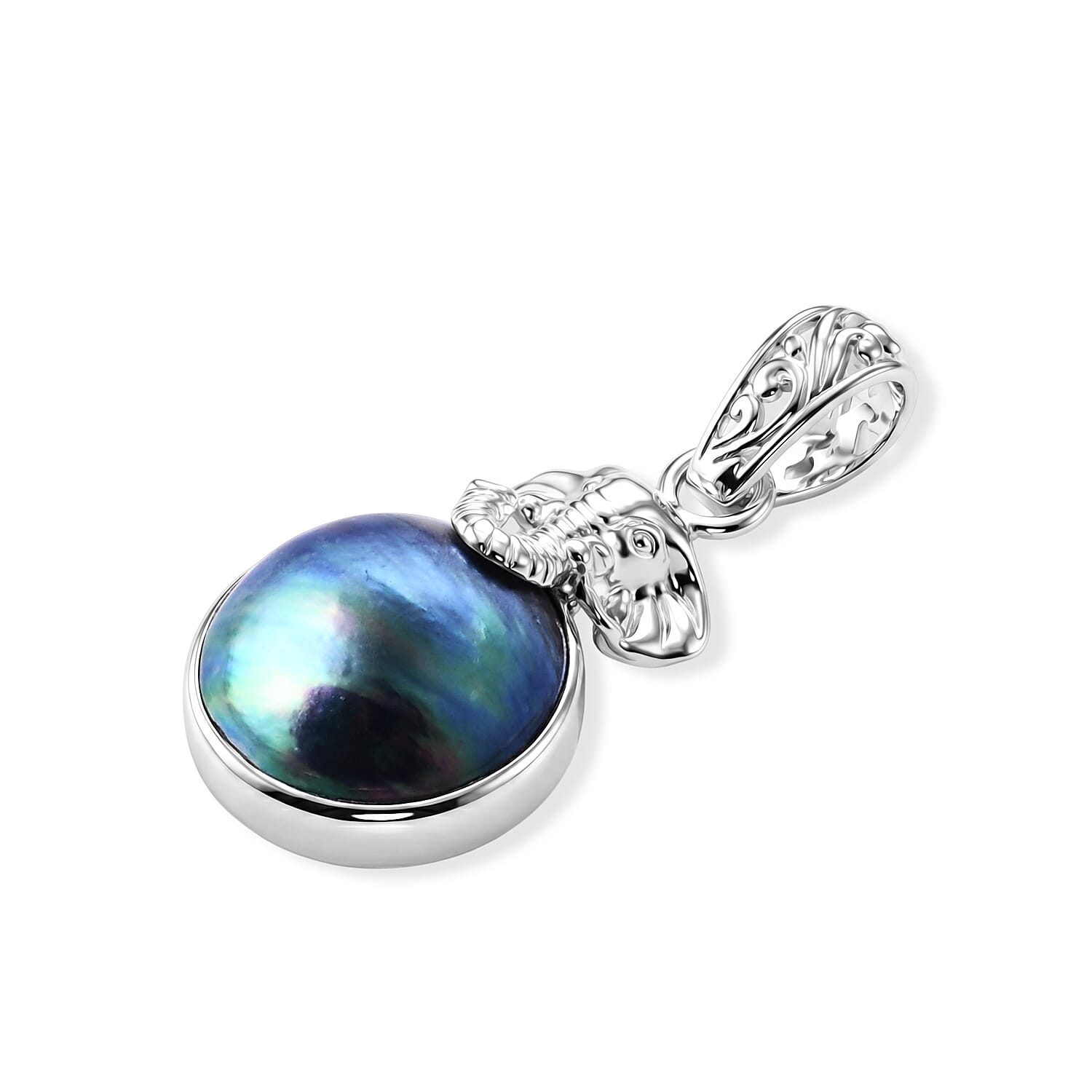 Royal Bali Collection - D'Joy Blue Mabe Pearl Sterling Silver Elephant Head Drop Pendant 6.38 Ct.