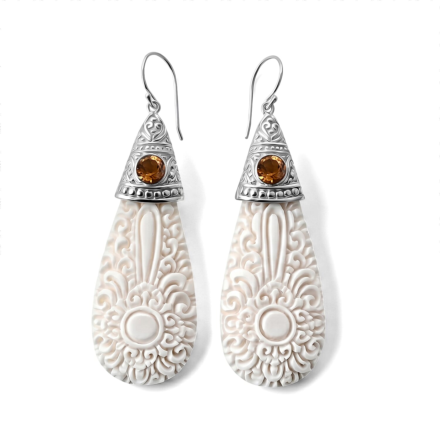 Royal Bali Collection - D'Joy Ox Bone & Citrine Sterling Silver Dangle Earring with Hook 19.74 Ct.