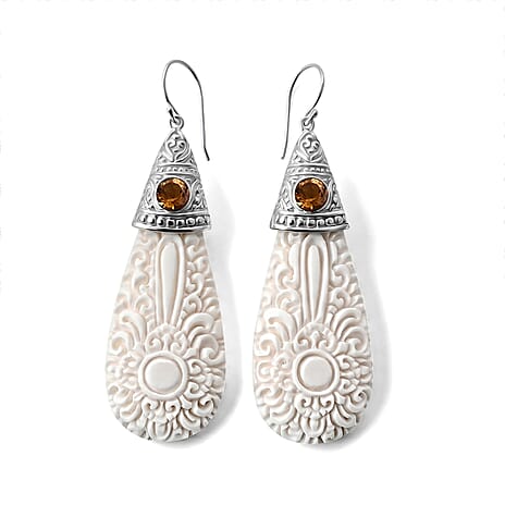 Royal Bali Collection - D'Joy Ox Bone & Citrine Sterling Silver Dangle Earring with Hook 19.74 Ct.