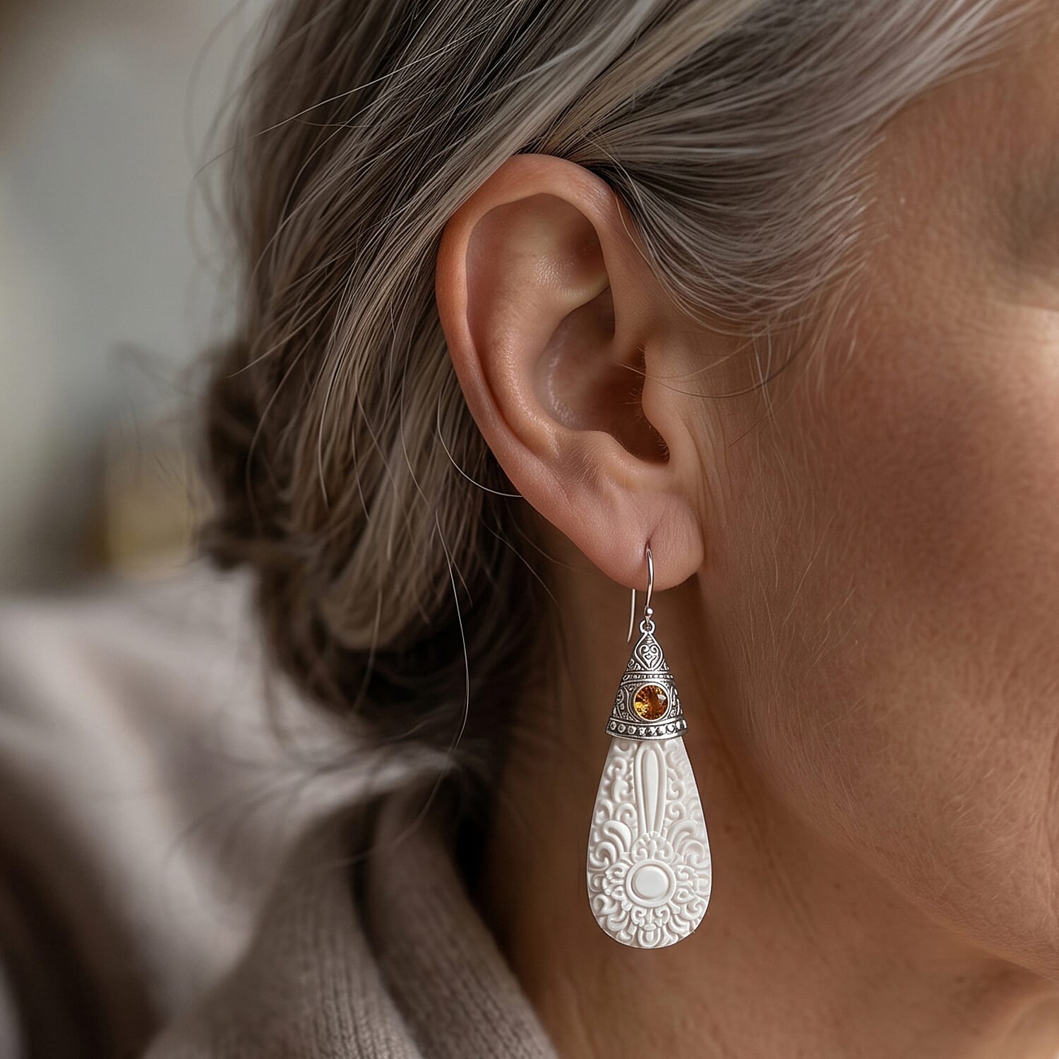 Royal Bali Collection - D'Joy Ox Bone & Citrine Sterling Silver Dangle Earring with Hook 19.74 Ct.