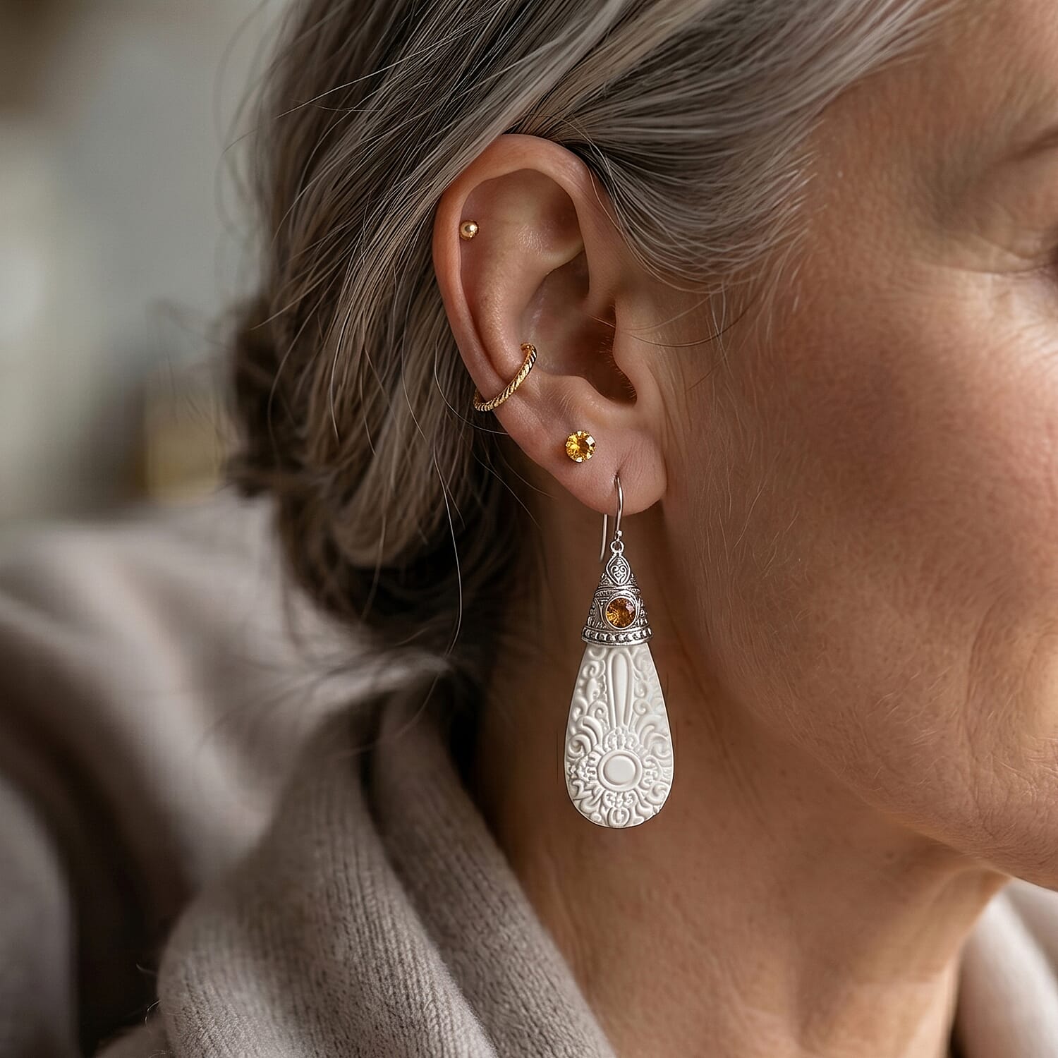 Royal Bali Collection - D'Joy Ox Bone & Citrine Sterling Silver Dangle Earring with Hook 19.74 Ct.