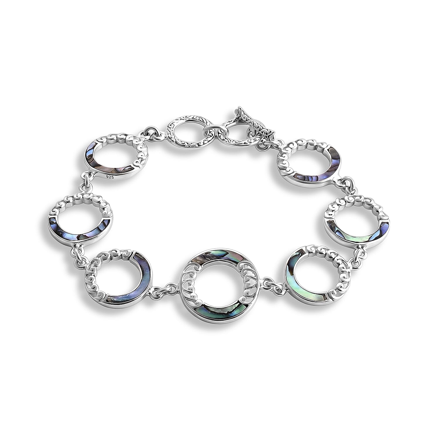 Royal Bali Collection - D'Joy Abalone Shell Sterling Silver Link Bracelet (Size - 7.5) with T Bar Clasp, Silver Wt.10.75 Gms