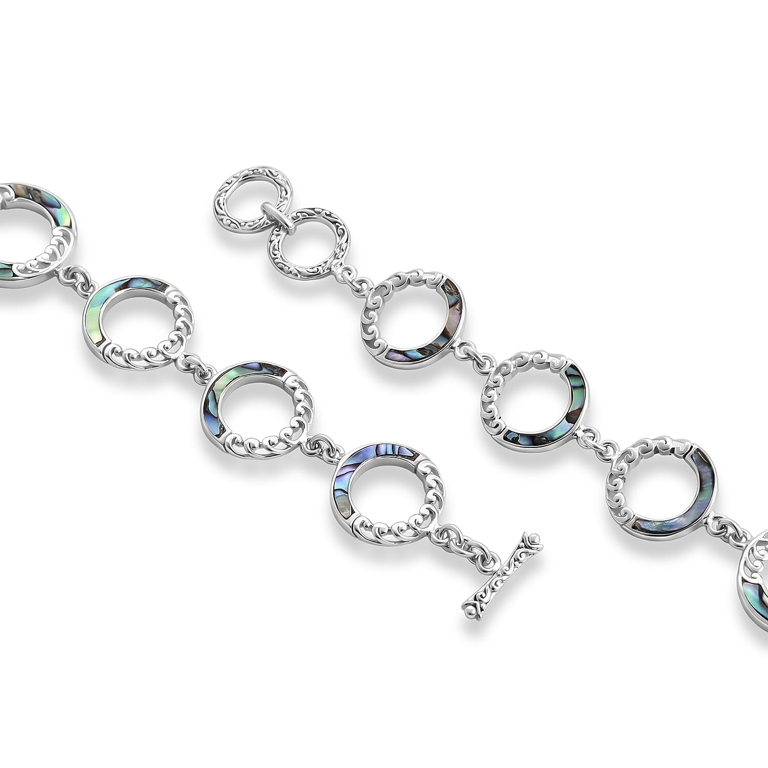 Royal Bali Collection - D'Joy Abalone Shell Sterling Silver Link Bracelet (Size - 7.5) with T Bar Clasp, Silver Wt.10.75 Gms