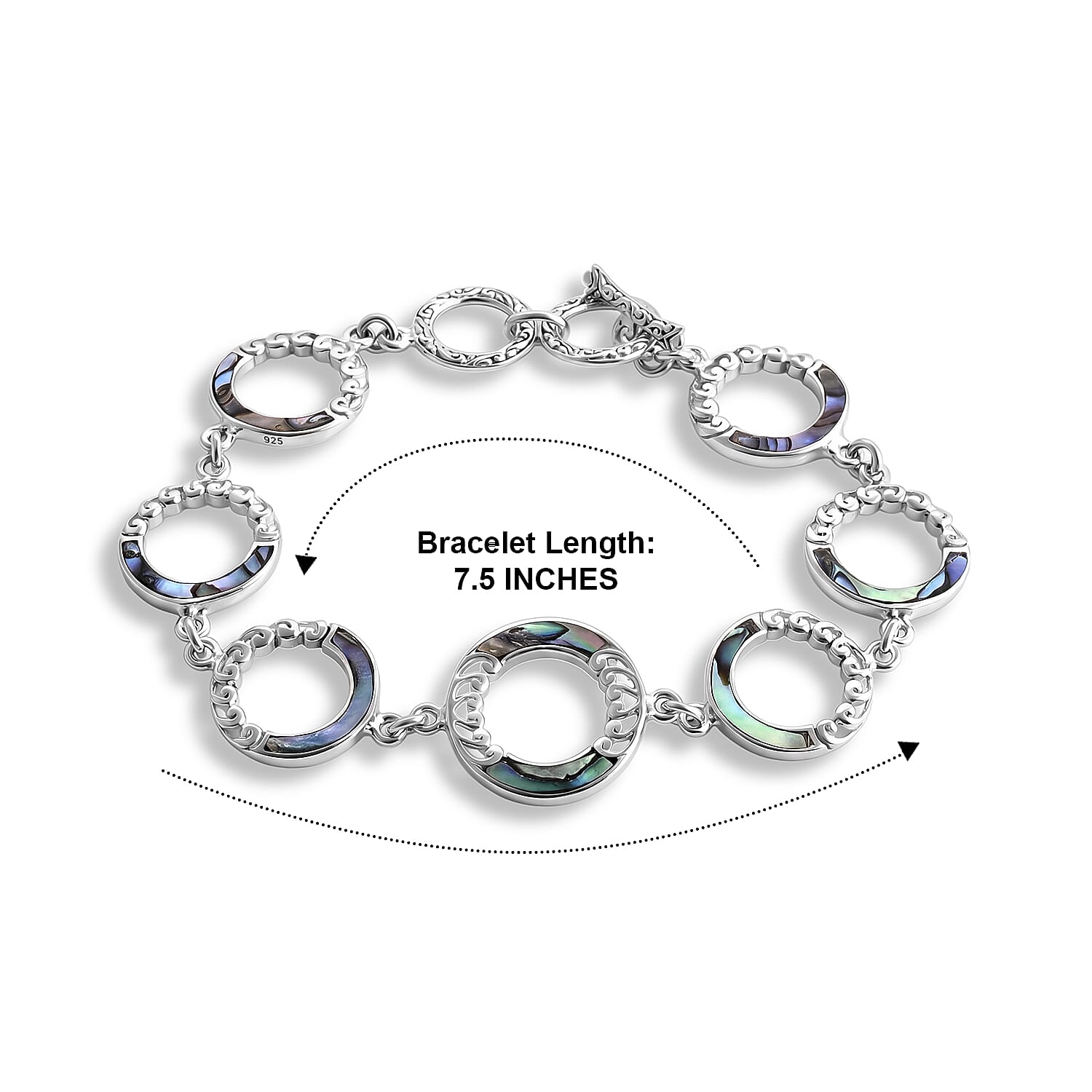 Royal Bali Collection - D'Joy Abalone Shell Sterling Silver Link Bracelet (Size - 7.5) with T Bar Clasp, Silver Wt.10.75 Gms