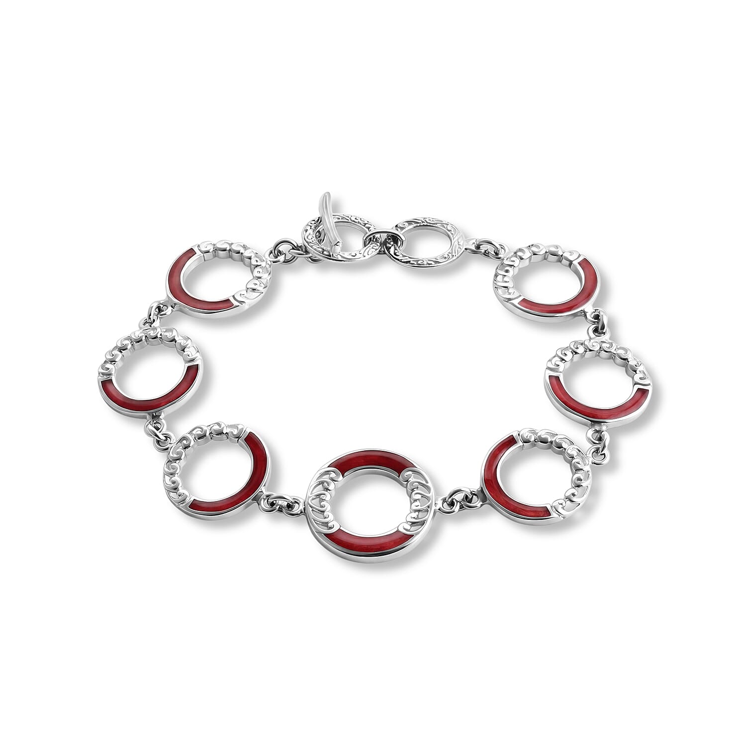 Royal Bali Collection - D'Joy Red Coral Sterling Silver Link Bracelet (Size - 7.5) with T Bar Clasp, Silver Wt.10.50 Gms