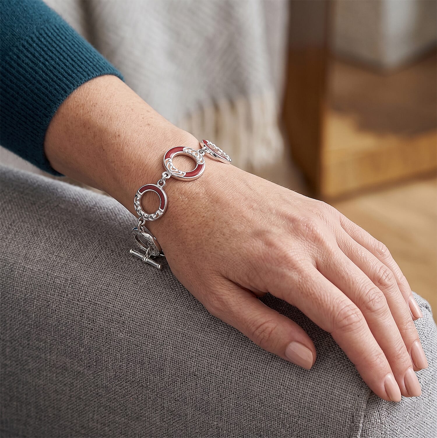 Royal Bali Collection - D'Joy Red Coral Sterling Silver Link Bracelet (Size - 7.5) with T Bar Clasp, Silver Wt.10.50 Gms