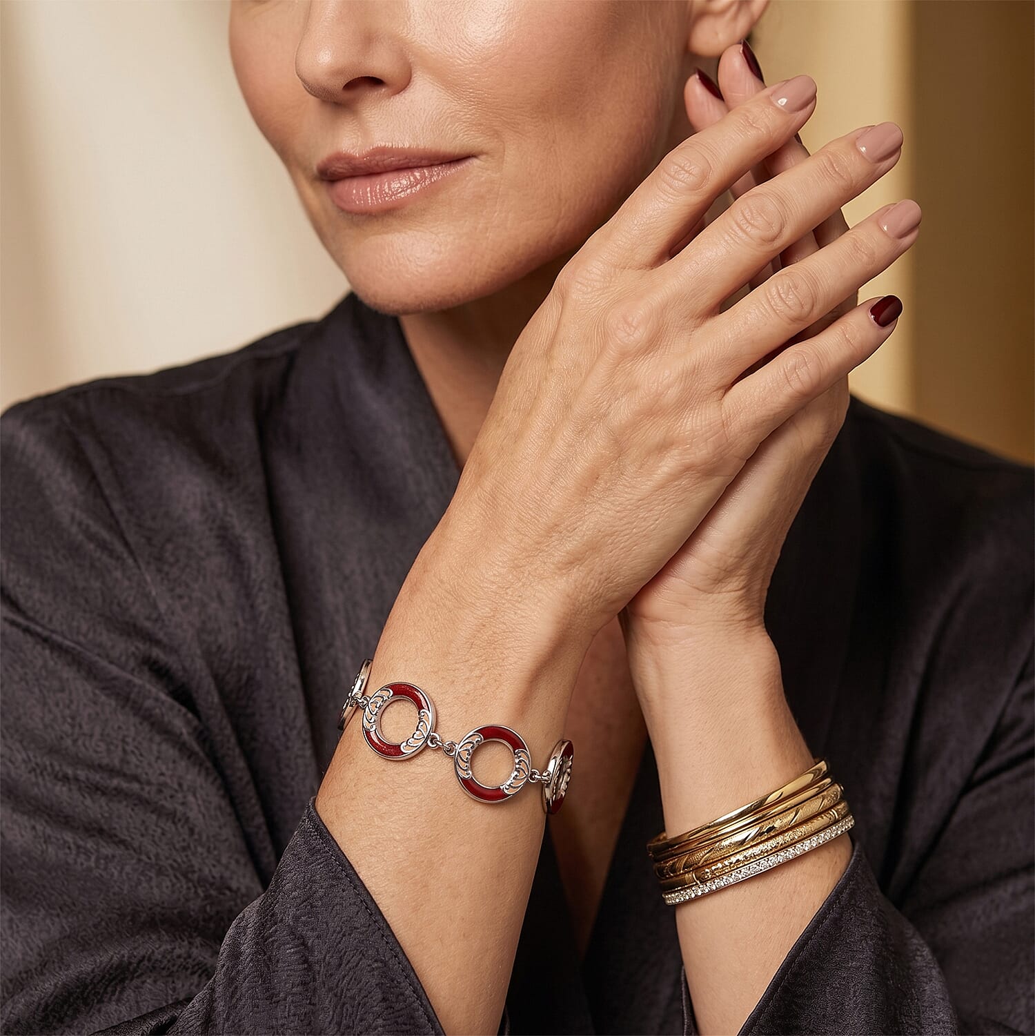 Royal Bali Collection - D'Joy Red Coral Sterling Silver Link Bracelet (Size - 7.5) with T Bar Clasp, Silver Wt.10.50 Gms