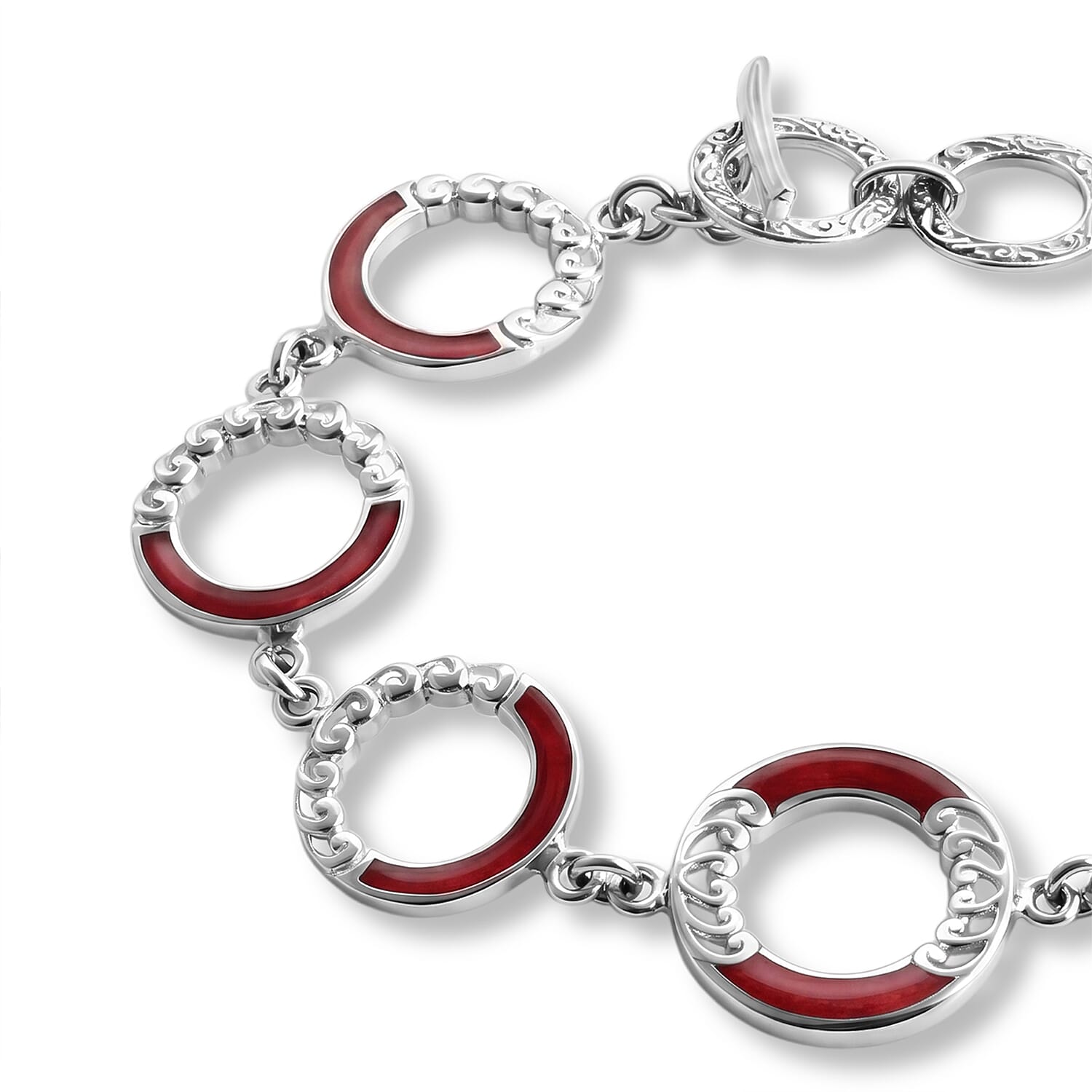 Royal Bali Collection - D'Joy Red Coral Sterling Silver Link Bracelet (Size - 7.5) with T Bar Clasp, Silver Wt.10.50 Gms