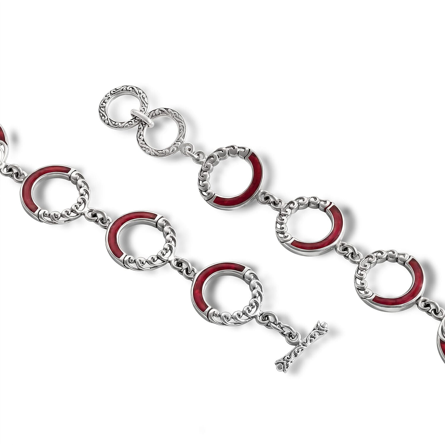 Royal Bali Collection - D'Joy Red Coral Sterling Silver Link Bracelet (Size - 7.5) with T Bar Clasp, Silver Wt.10.50 Gms