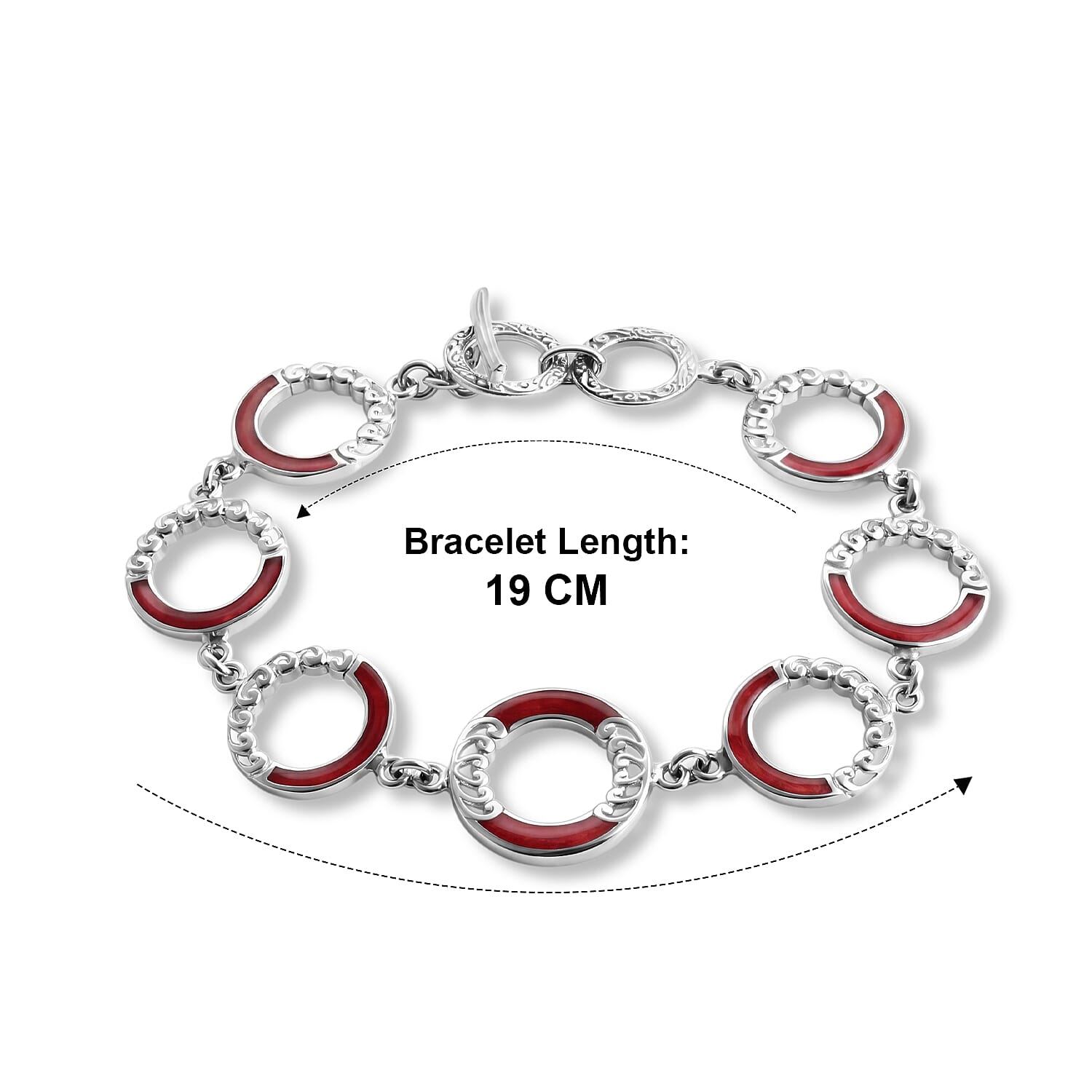 Royal Bali Collection - D'Joy Red Coral Sterling Silver Link Bracelet (Size - 7.5) with T Bar Clasp, Silver Wt.10.50 Gms