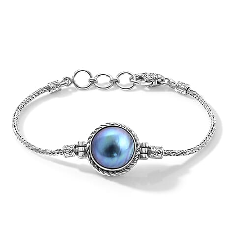 Royal Bali Collection - D'Joy Blue Mabe Pearl Sterling Silver Bracelet (Size - 8) with Lobster Clasp 8.34 Ct, Silver Wt. 12.00 Gms