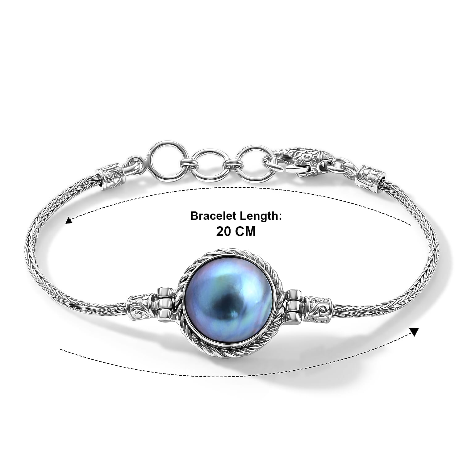 Royal Bali Collection - D'Joy Blue Mabe Pearl Sterling Silver Bracelet (Size - 8) with Lobster Clasp 8.34 Ct, Silver Wt. 12.00 Gms