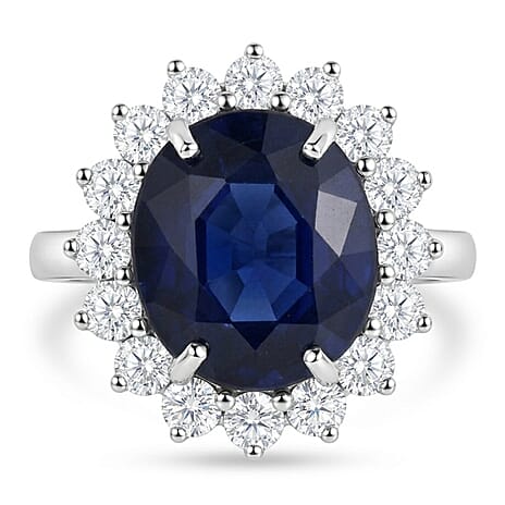 Luxuriant - Blue Sapphire (Oval 12x10 mm, 7.10Cts) & Lab Grown Diamond (SI-G-H, 1.00Cts) Halo Ring in Rhodium Overlay Sterling Silver 8.10 Ct.