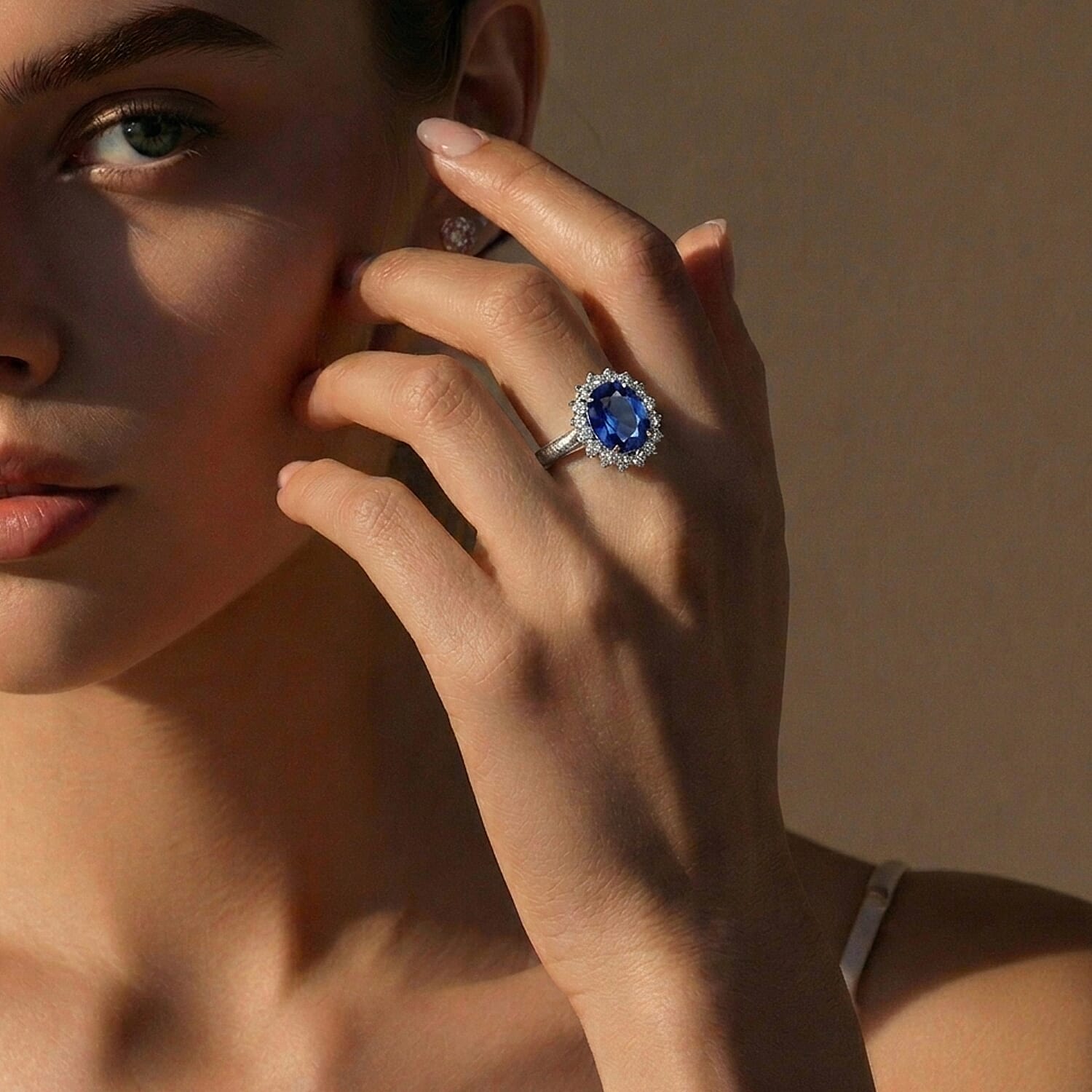 Luxuriant - Blue Sapphire (Oval 12x10 mm, 7.10Cts) & Lab Grown Diamond (SI-G-H, 1.00Cts) Halo Ring in Rhodium Overlay Sterling Silver 8.10 Ct.