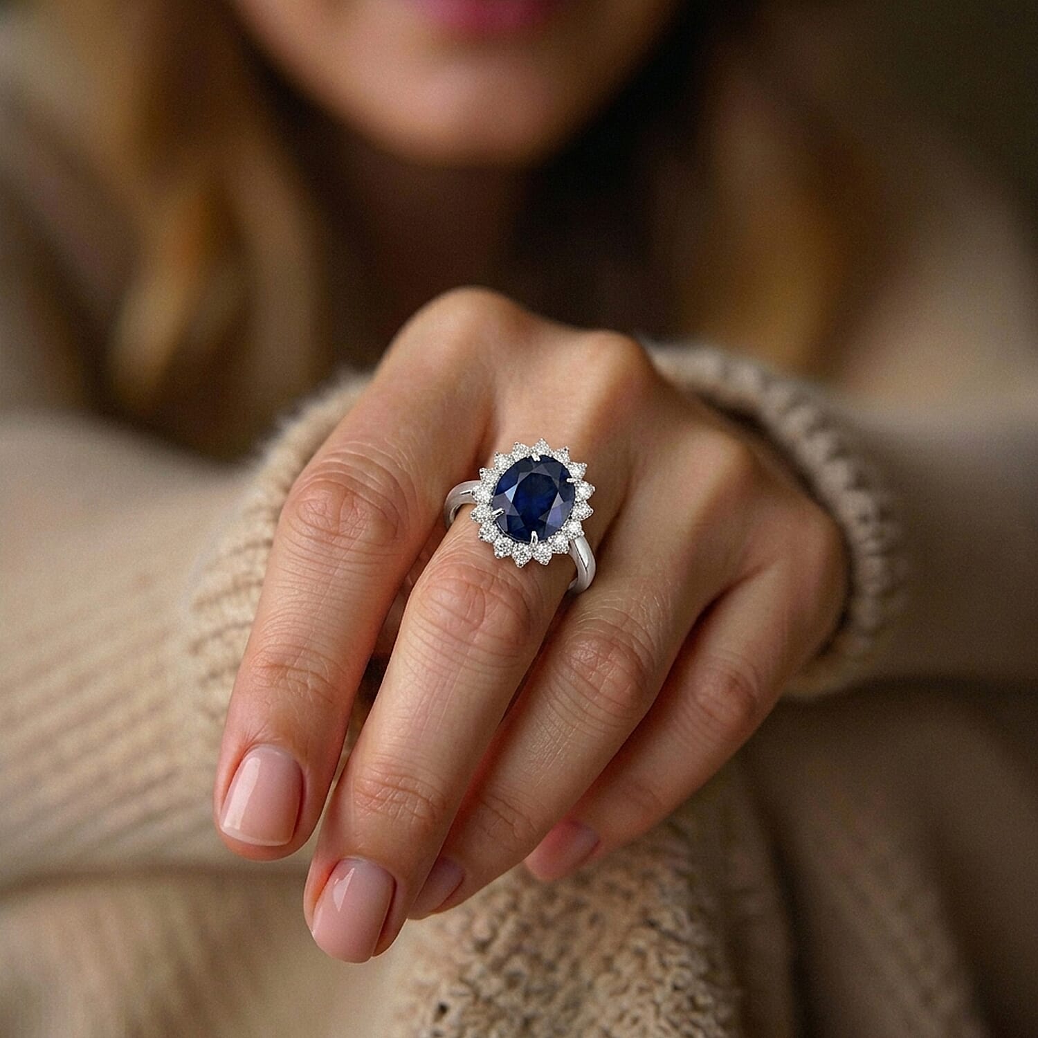 Luxuriant - Blue Sapphire (Oval 12x10 mm, 7.10Cts) & Lab Grown Diamond (SI-G-H, 1.00Cts) Halo Ring in Rhodium Overlay Sterling Silver 8.10 Ct.