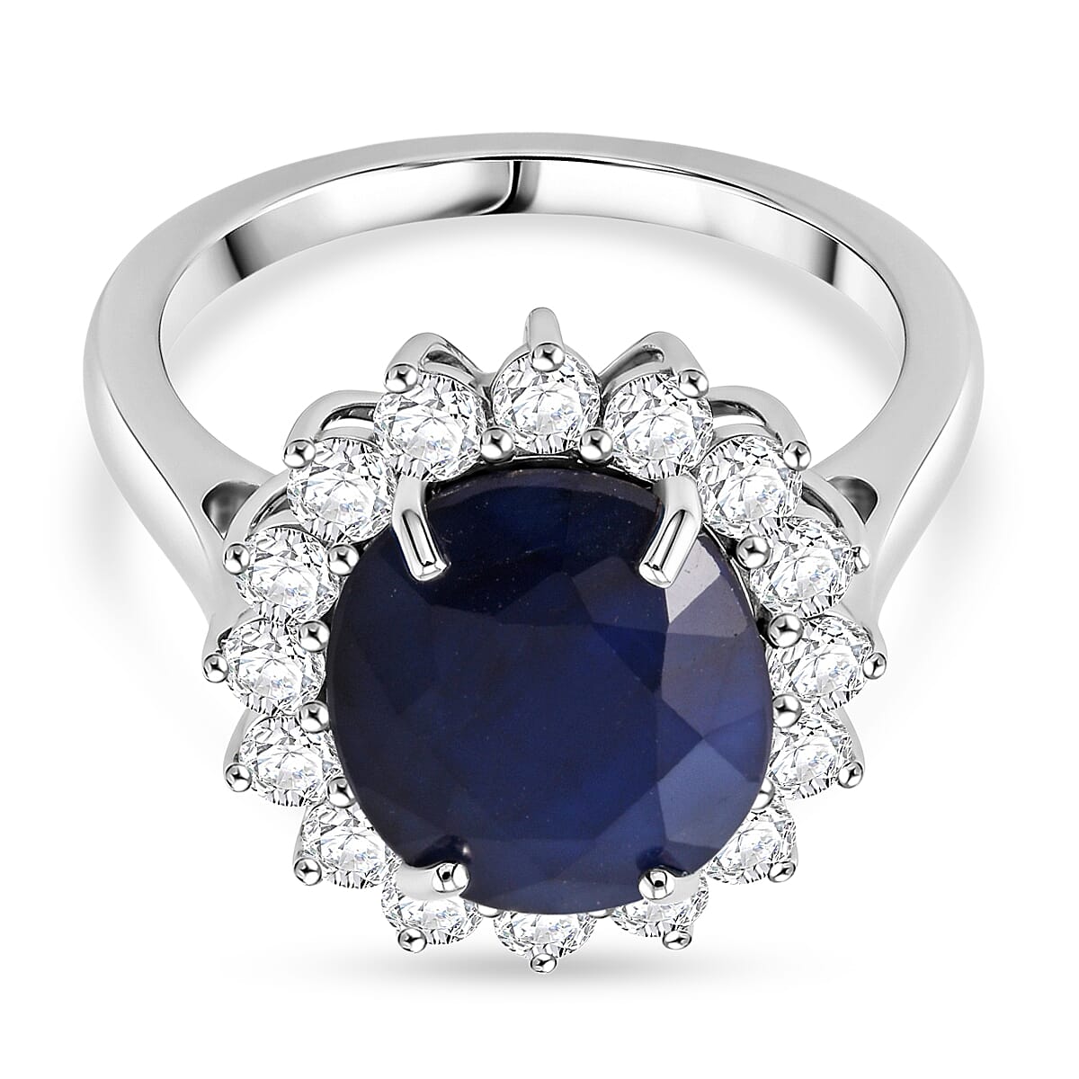Blue Sapphire (Oval 12x10 mm, 7.10Cts) & Lab Grown Diamond (SI-G-H, 1.00Cts) Halo Ring in Rhodium Overlay Sterling Silver 8.10 Ct.