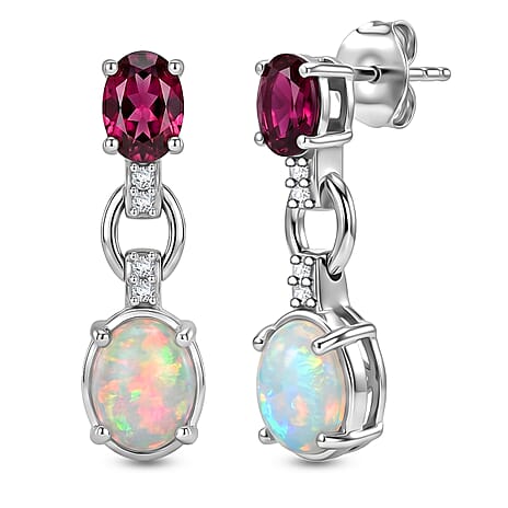 D'Joy - Ethiopian Opal, Rhodolite Garnet & White Zircon Dangling Earring with Push Back in Rhodium Overlay Sterling Silver 3.07 Ct.
