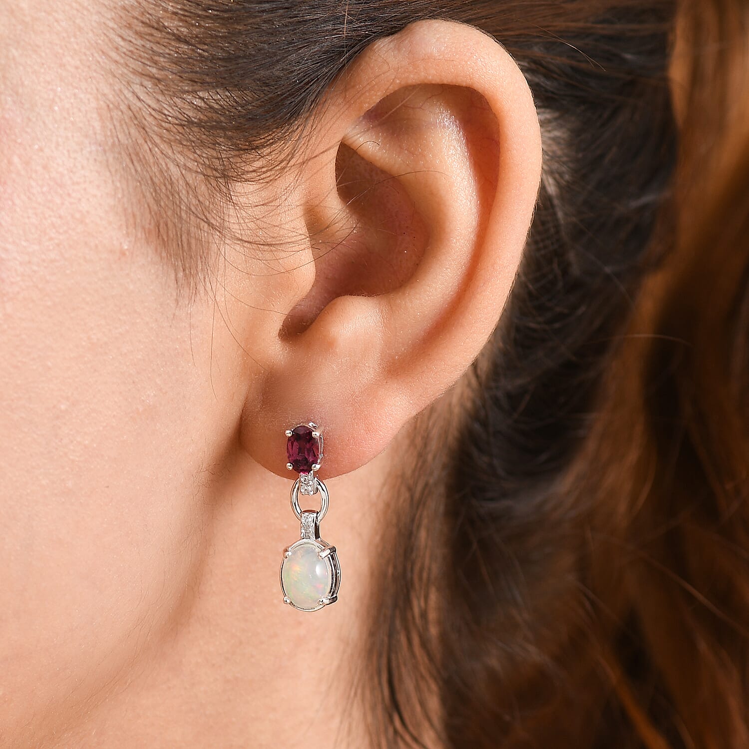 D'Joy - Ethiopian Opal, Rhodolite Garnet & White Zircon Dangling Earring with Push Back in Rhodium Overlay Sterling Silver 3.07 Ct.