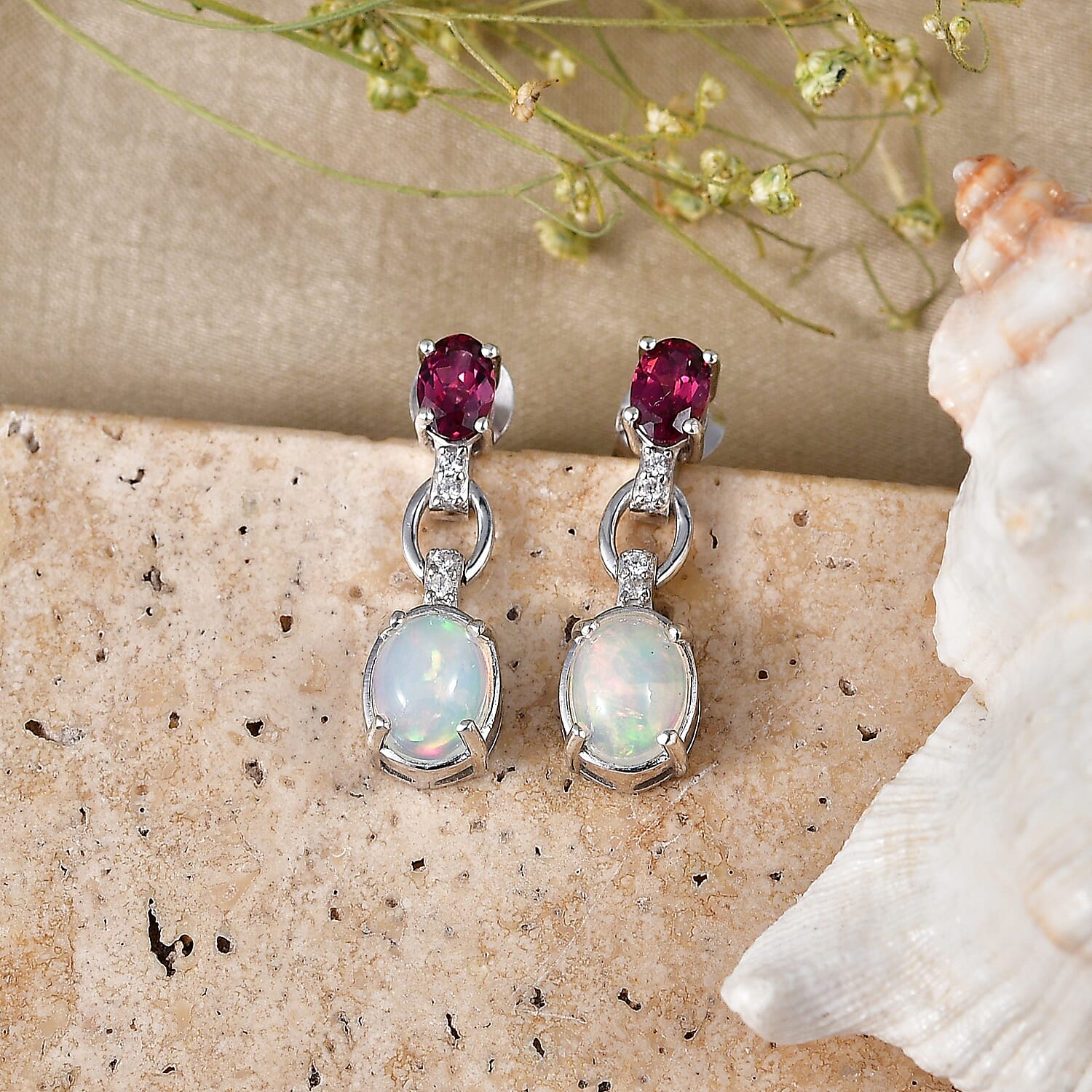 D'Joy - Ethiopian Opal, Rhodolite Garnet & White Zircon Dangling Earring with Push Back in Rhodium Overlay Sterling Silver 3.07 Ct.