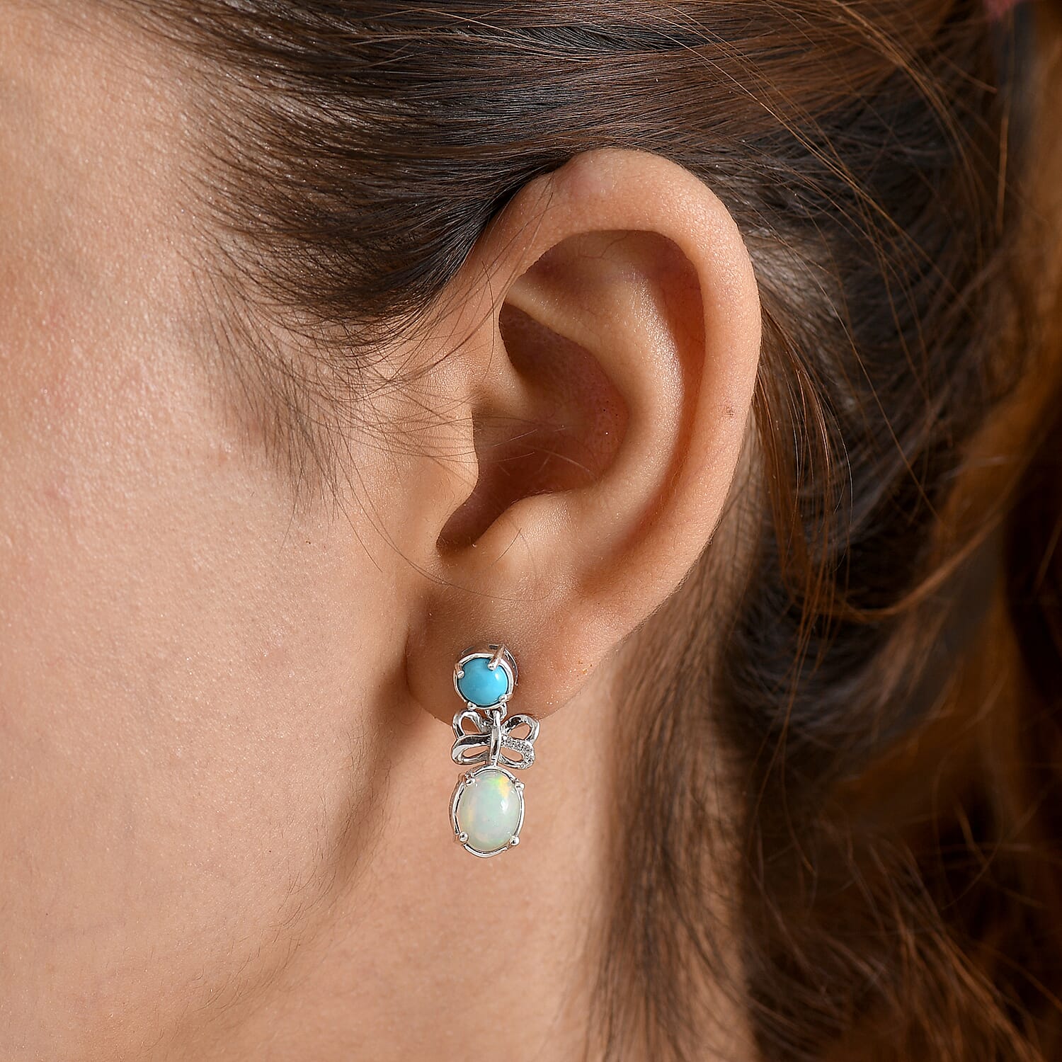 D'Joy - Ethiopian Opal, White Zircon & Sleeping Beauty Turquoise Dangling Earring with Push Back in Rhodium Overlay Sterling Silver 2.80 Ct.