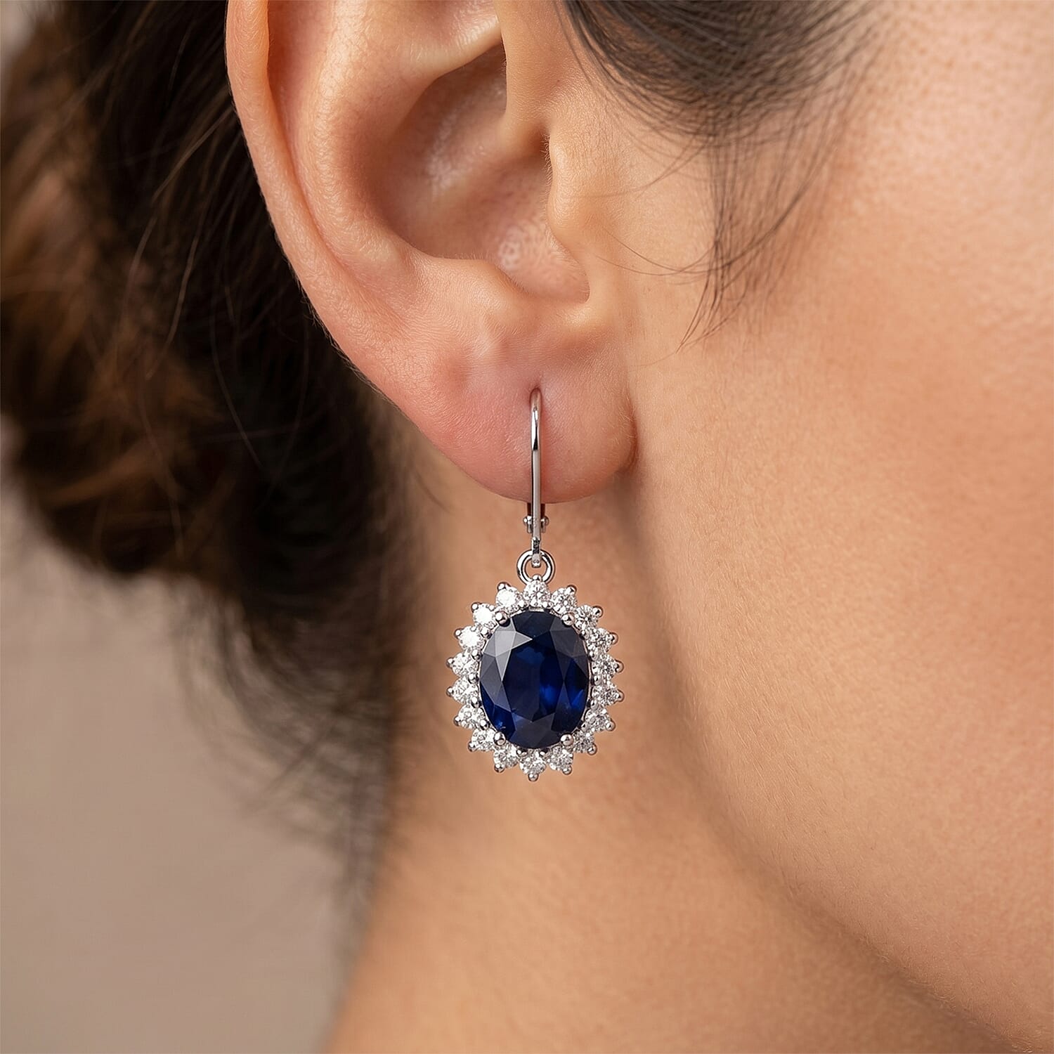 Luxuriant - Blue Sapphire (Oval 10x8 mm, 7.70Cts) & Lab Grown Diamond (SI-G-H, 1.00Cts) Halo Earring in Rhodium Overlay Sterling Silver 8.70 Ct.