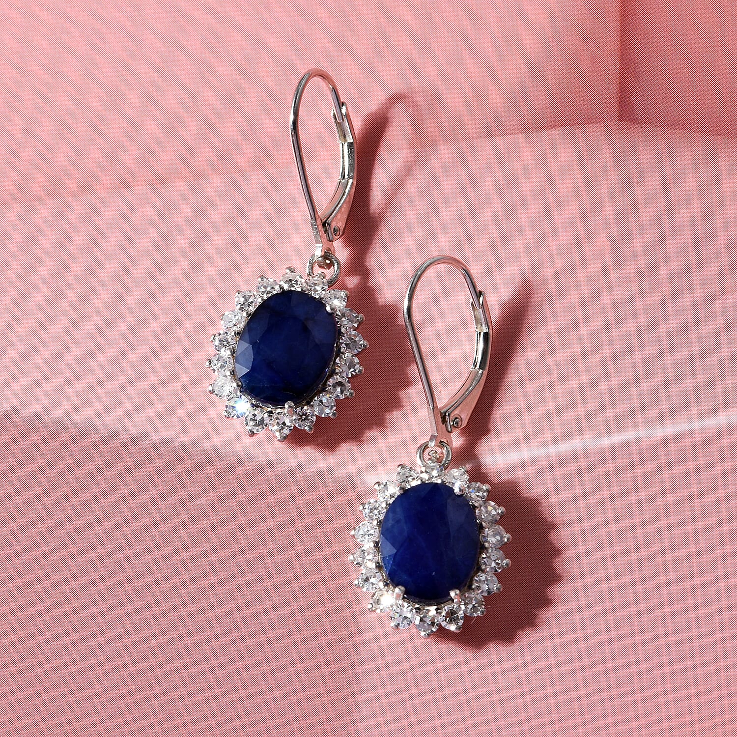 Luxuriant - Blue Sapphire (Oval 10x8 mm, 7.70Cts) & Lab Grown Diamond (SI-G-H, 1.00Cts) Halo Earring in Rhodium Overlay Sterling Silver 8.70 Ct.