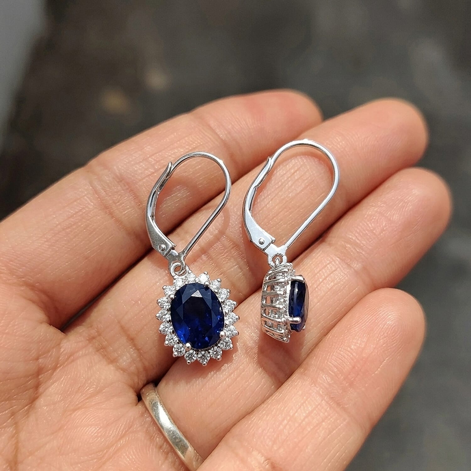 Luxuriant - Diffused Blue Sapphire (Oval 10x8 mm, 7.70Cts) & Lab Grown Diamond (SI-G-H, 1.00Cts) Halo Earring with Lever Back in Rhodium Overlay Sterling Silver 7.60 Ct.