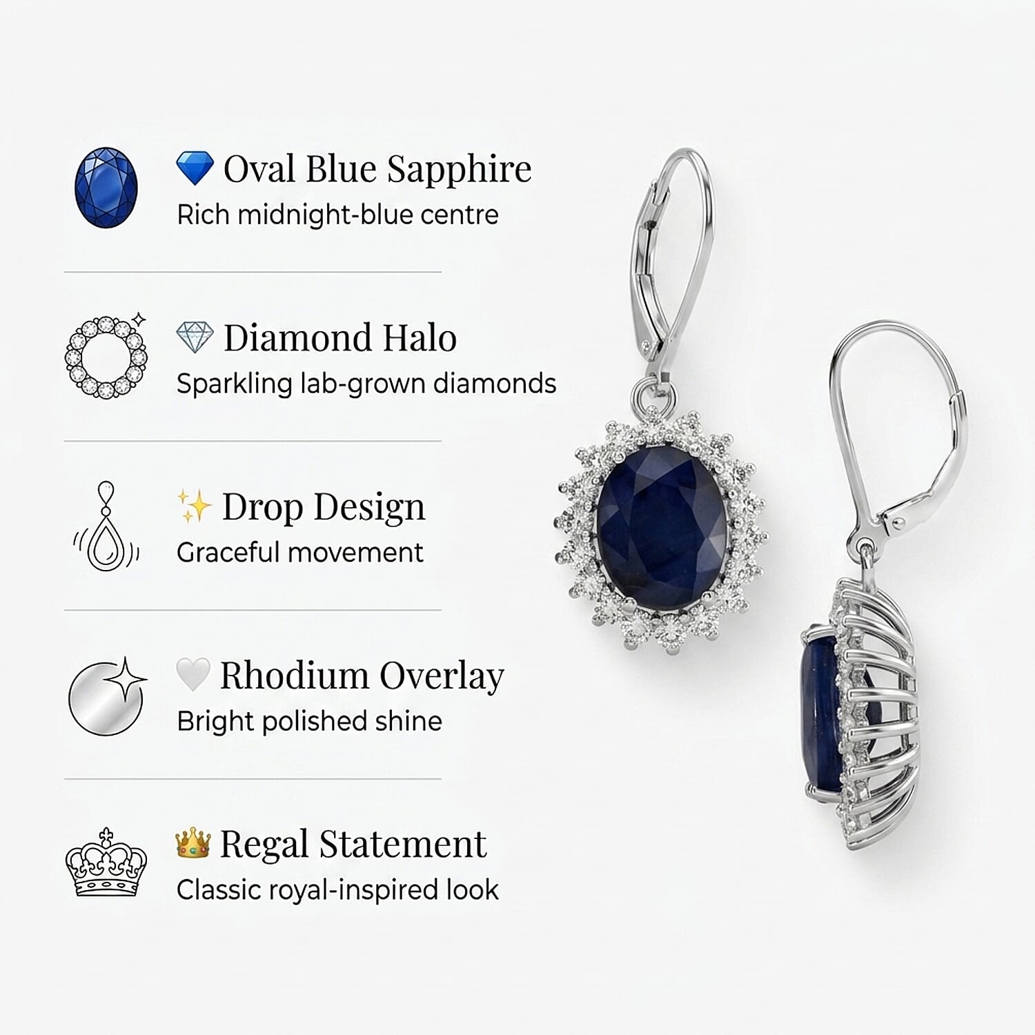 Luxuriant - Diffused Blue Sapphire (Oval 10x8 mm, 7.70Cts) & Lab Grown Diamond (SI-G-H, 1.00Cts) Halo Earring with Lever Back in Rhodium Overlay Sterling Silver 7.60 Ct.