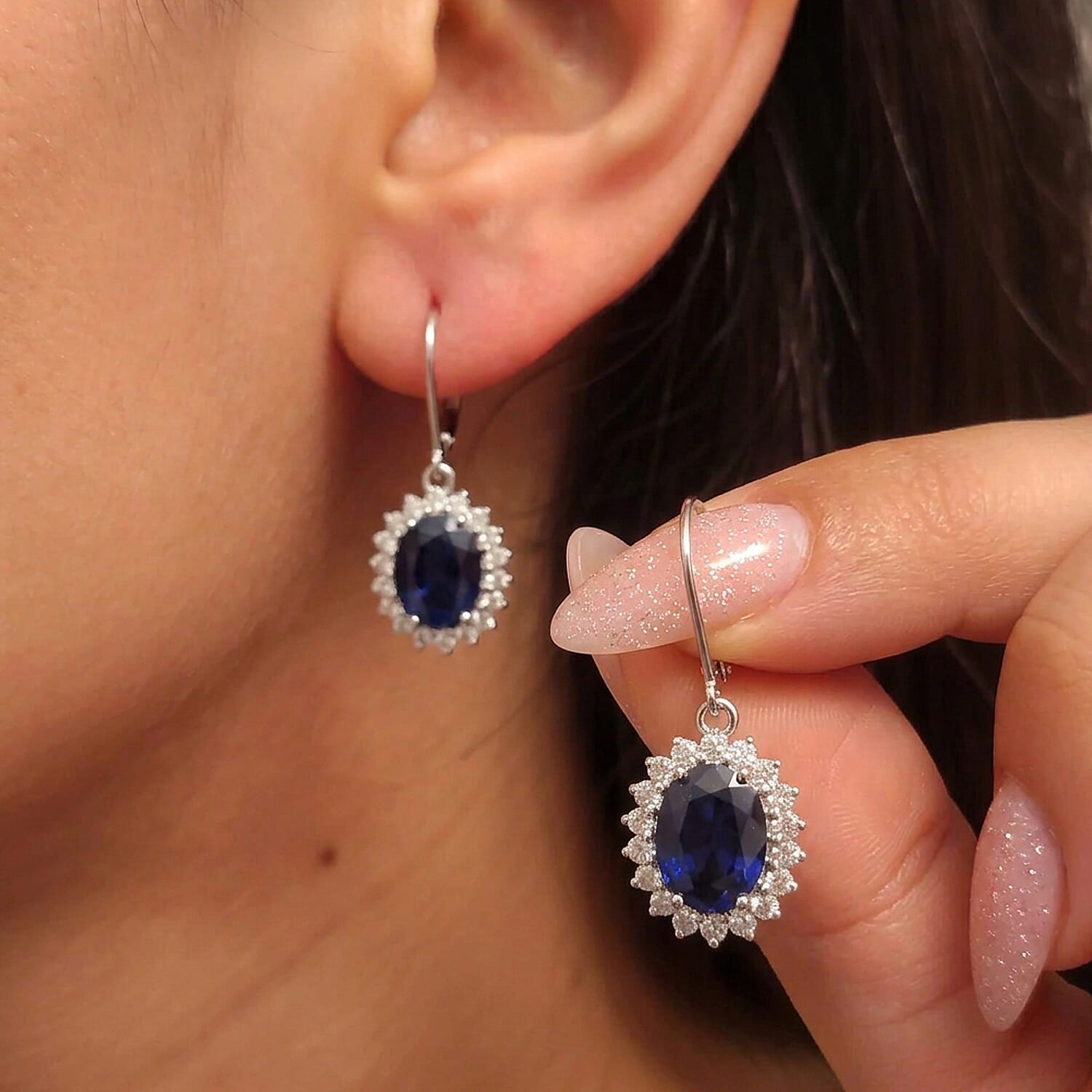 Luxuriant - Diffused Blue Sapphire (Oval 10x8 mm, 7.70Cts) & Lab Grown Diamond (SI-G-H, 1.00Cts) Halo Earring with Lever Back in Rhodium Overlay Sterling Silver 7.60 Ct.